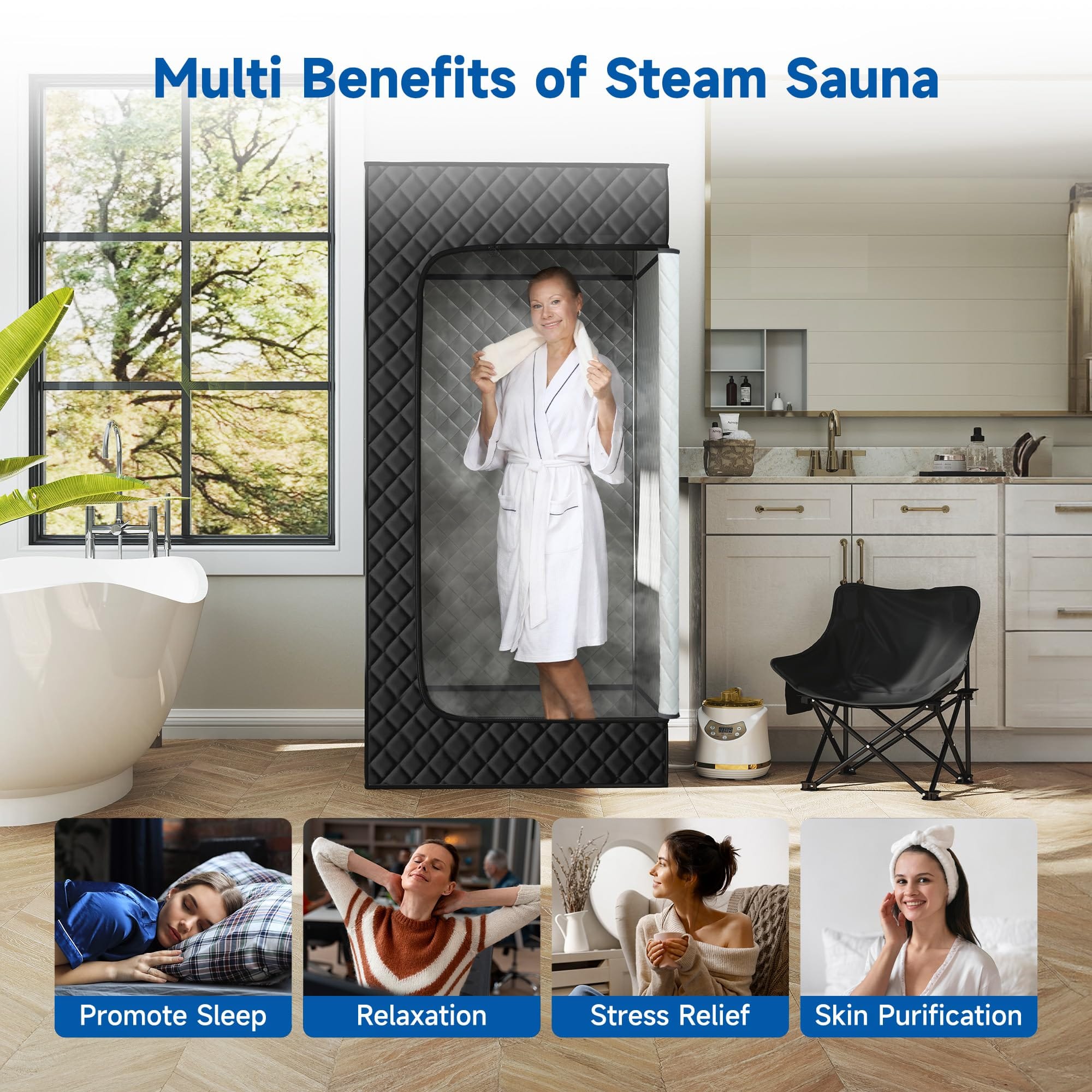 Real Relax Sports&Fitness BJL-SNF01 Portable Steam Room for Home, 3’ x 3’ x 5.9’ Roomier Steam Sauna Box Sauna Tent with 3L 1500W Steamer, Remote Control, Folding Chair