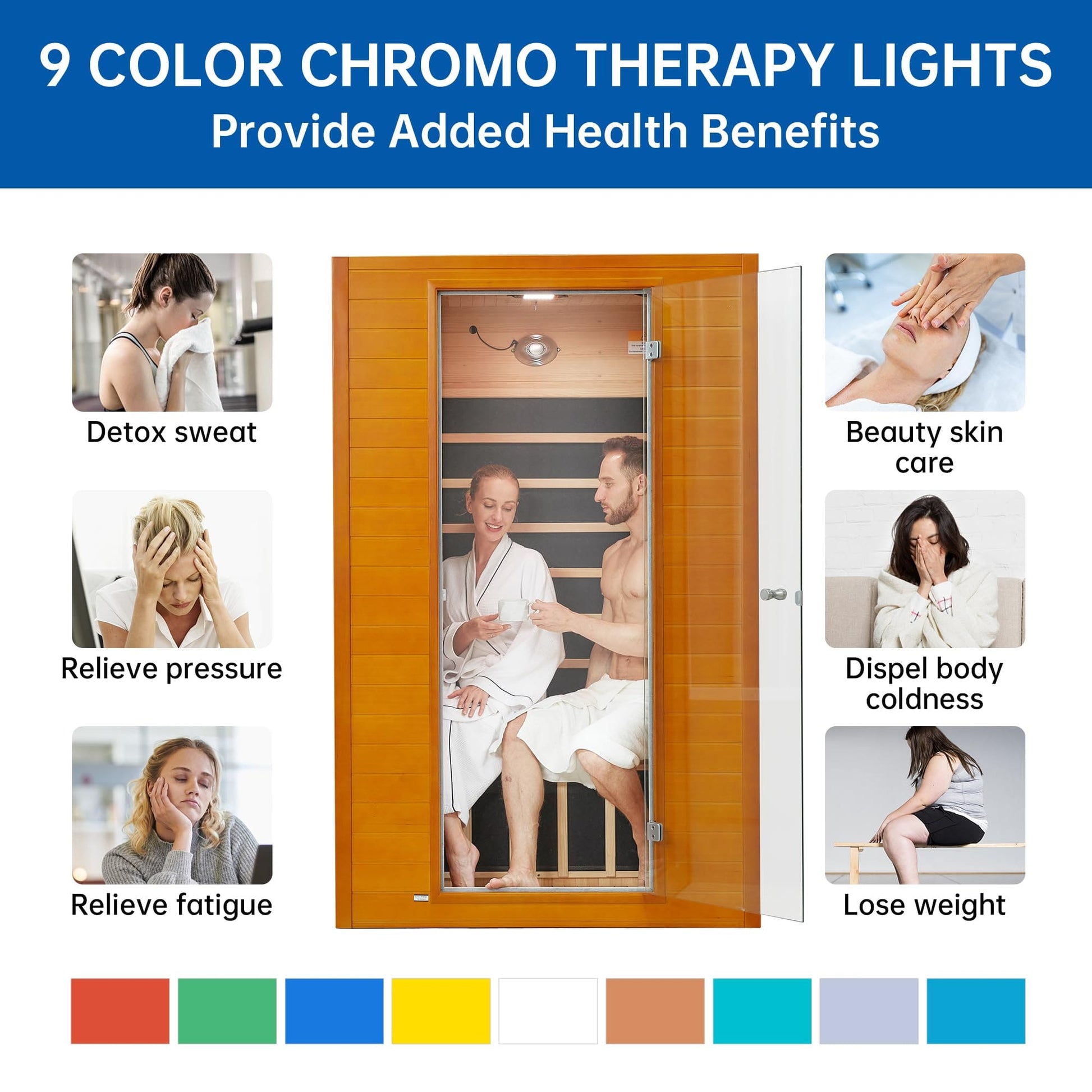 RESTISLAND MASSAGERS Canadian Hemlock Wood Far Infrared Sauna Room of Near Zreo EMF, 9 Chromo Therapy Lights, Oxygen Ionizer for Home and Indoor Use, with Bluetooth, LCD Control Pannel
