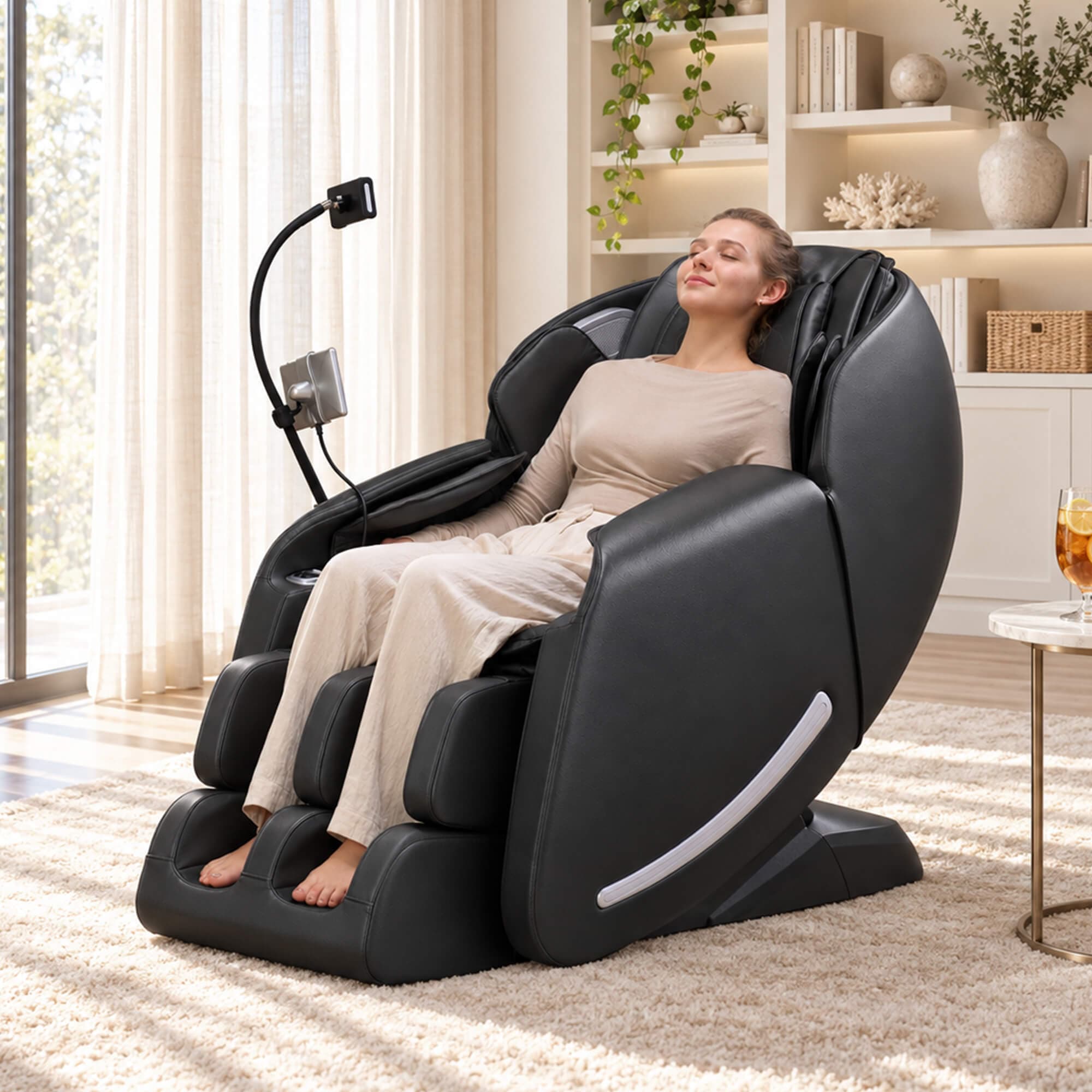 Woman relaxing in a Real Relax Favor-06 2026 black massage chair in a living room, front three-quarter view