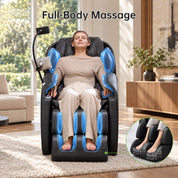Woman using a Real Relax Favor-06 2026 black massage chair, with airbag locations highlighted and a foot roller cutaway