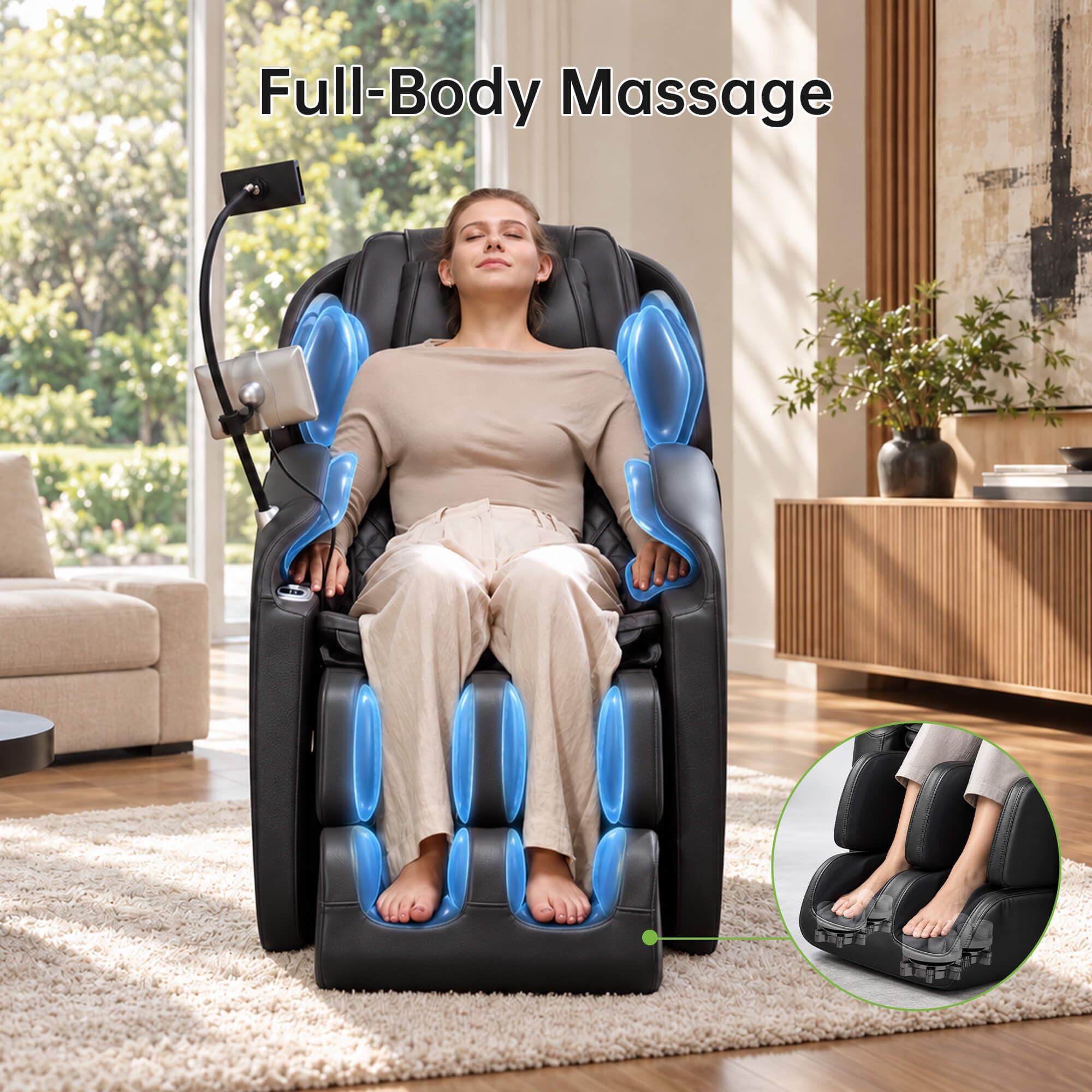 Woman using a Real Relax Favor-06 2026 black massage chair, with airbag locations highlighted and a foot roller cutaway