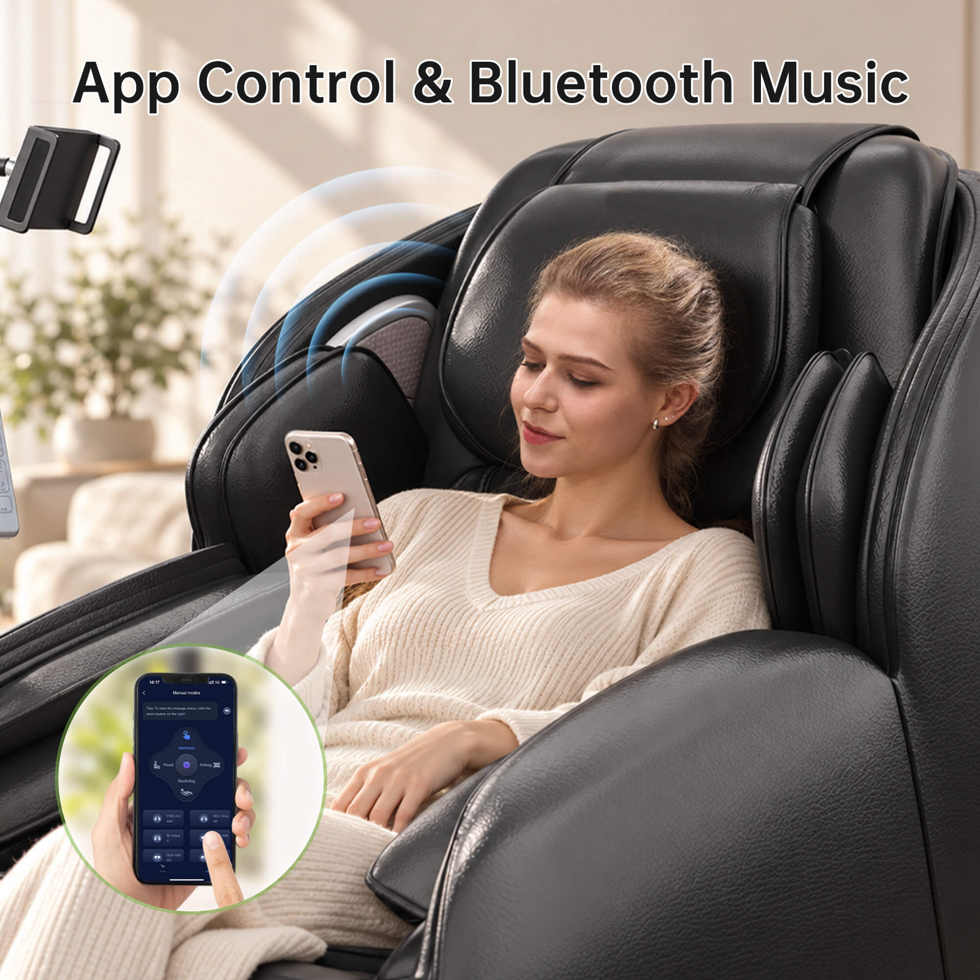 Woman using smartphone app control in a Real Relax Favor-06 2026 black massage chair, with Bluetooth sound waves illustrated