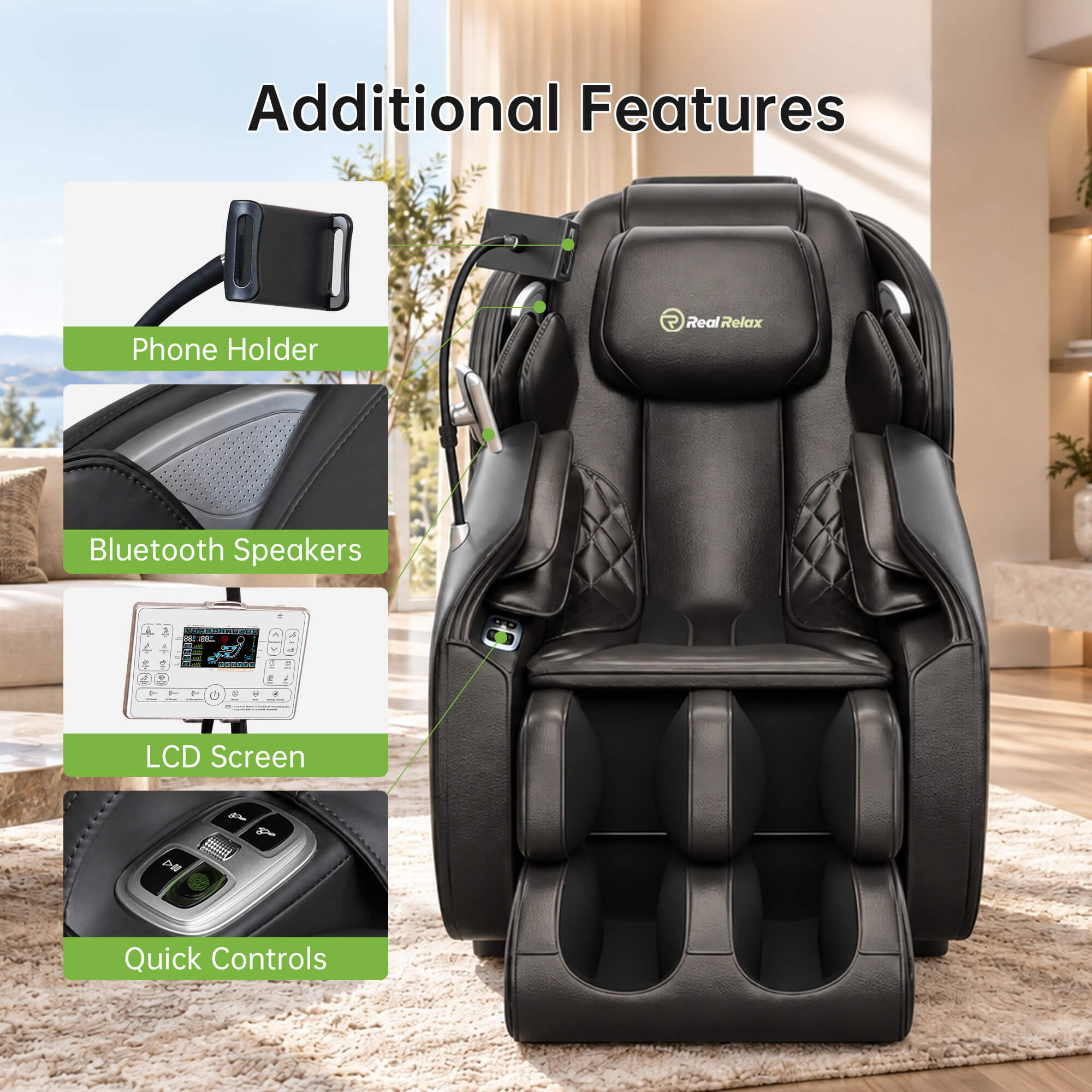 Real Relax Favor-06 2026 black massage chair with close-ups of the phone holder, Bluetooth speakers, LCD controller and quick controls