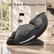 Real Relax Favor-06 2026 black massage chair, side view with a cutaway illustration of the SL-track and massage rollers