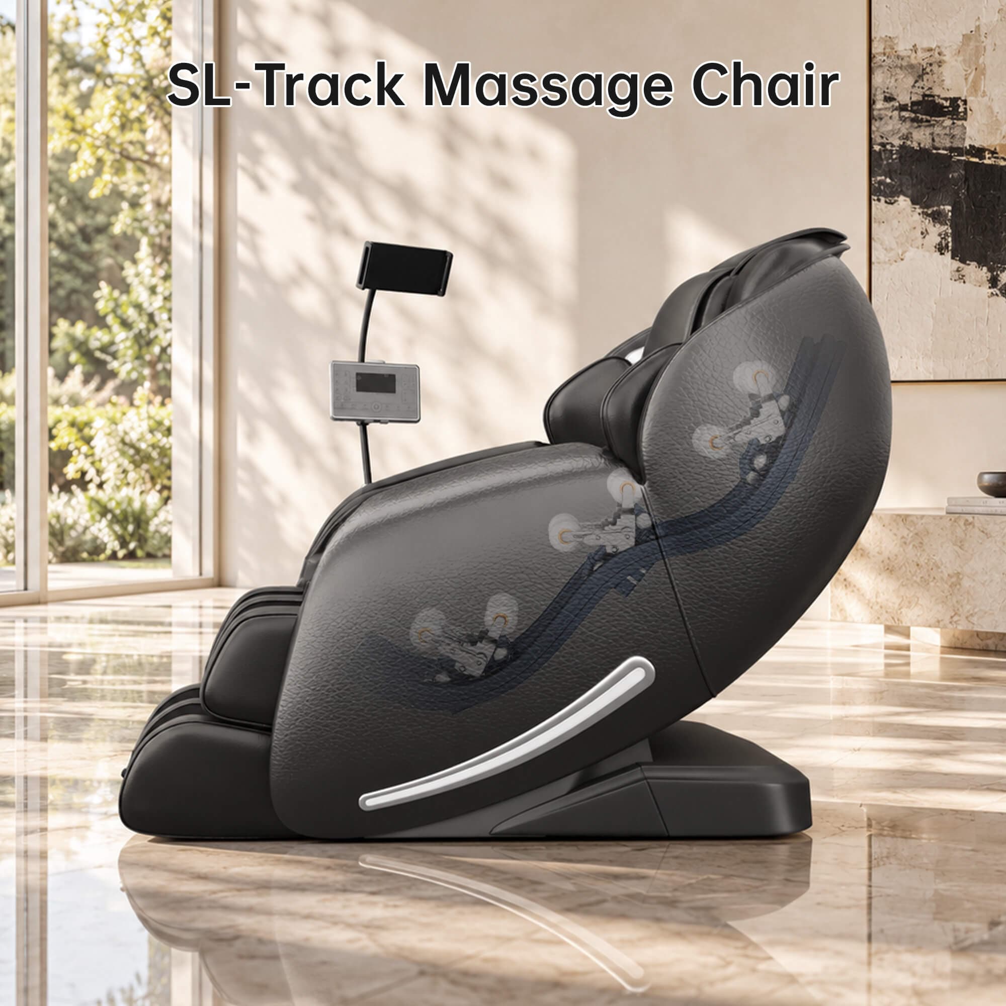 Real Relax Favor-06 2026 black massage chair, side view with a cutaway illustration of the SL-track and massage rollers