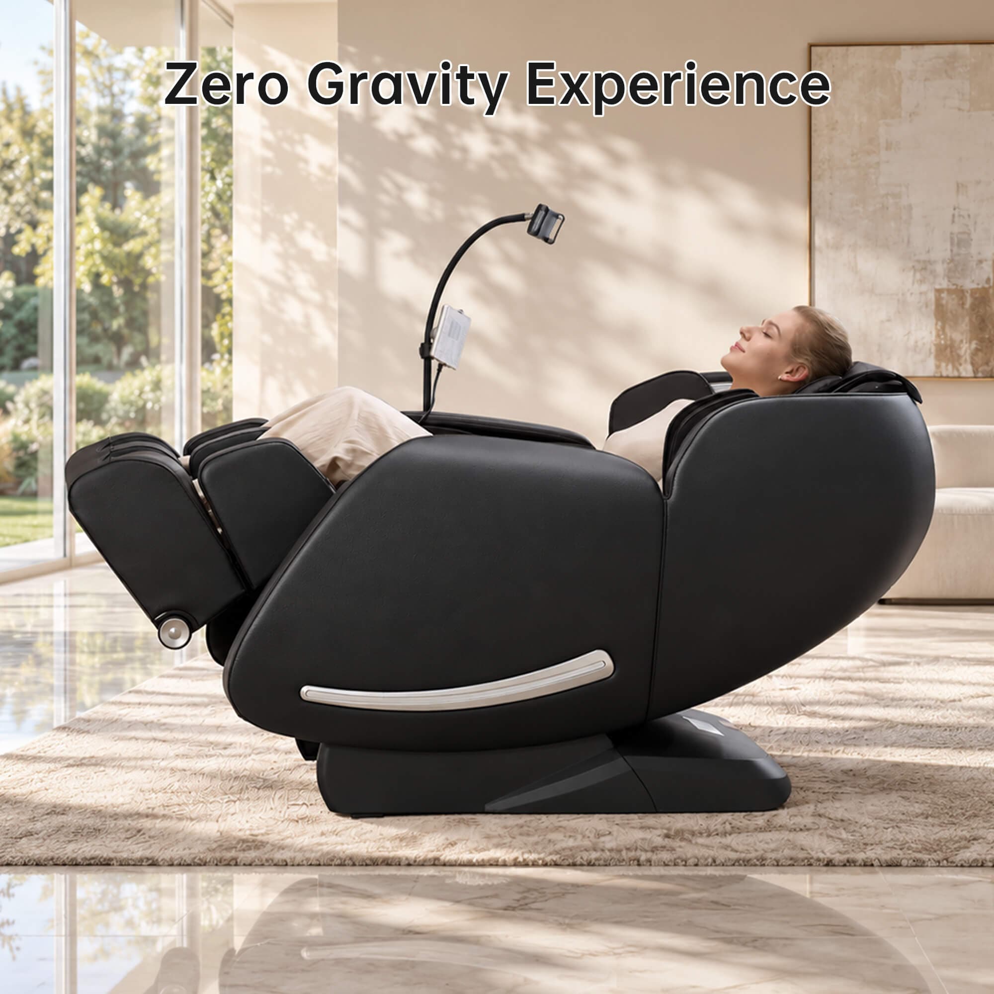 Woman reclining in a Real Relax Favor-06 2026 black massage chair in zero gravity position, side view with footrest raised