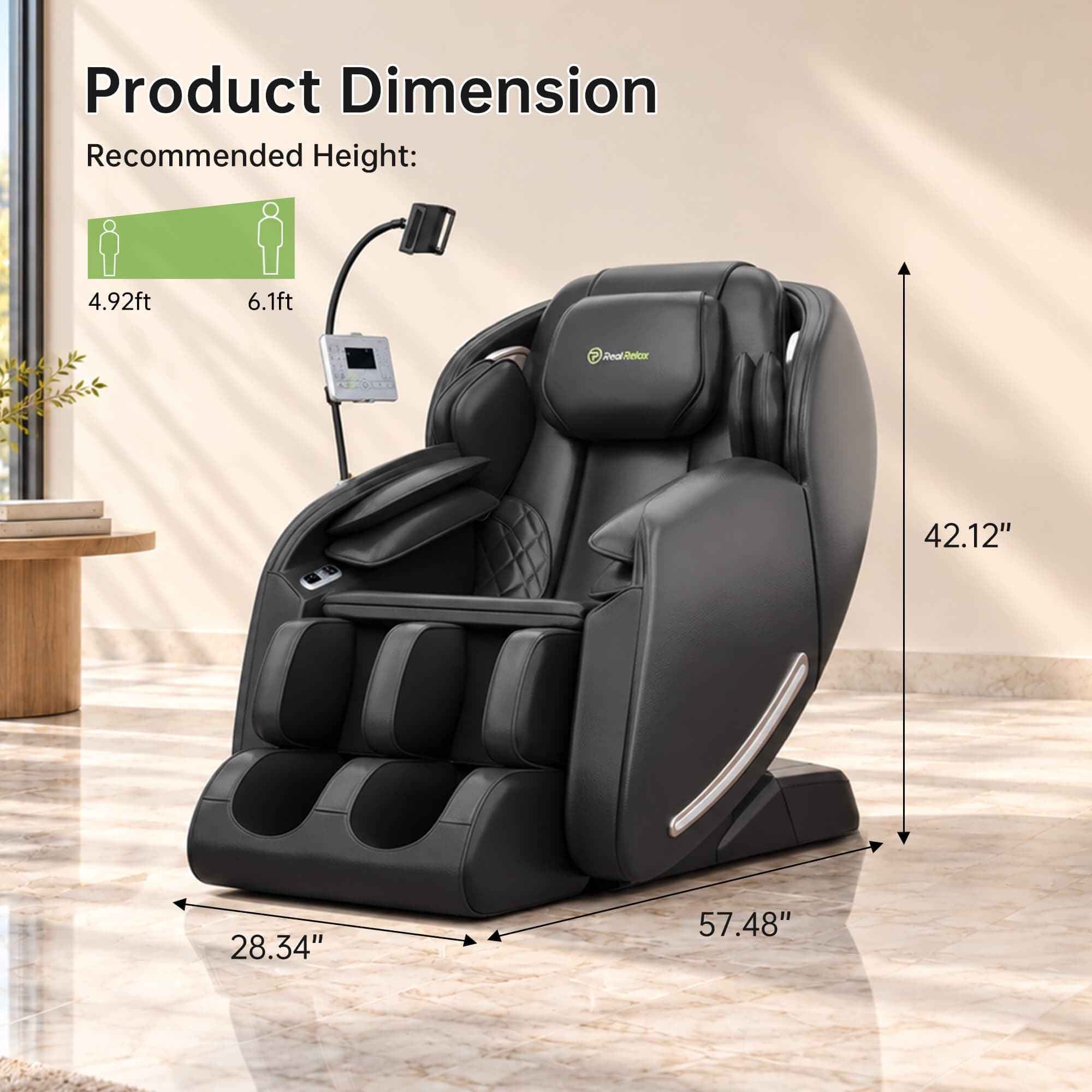 Real Relax Favor-06 2026 black massage chair dimensions: 28.34 inches wide, 57.48 inches long and 42.12 inches high; recommended height 4.92–6.1 feet