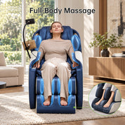 Woman using a Real Relax Favor-06 2026 blue massage chair, with airbag locations highlighted and a foot roller cutaway