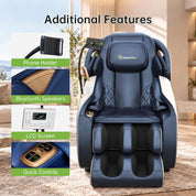 Real Relax Favor-06 2026 blue massage chair with close-ups of the phone holder, Bluetooth speakers, LCD controller and quick controls