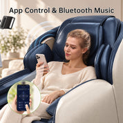 Woman using smartphone app control in a Real Relax Favor-06 2026 blue massage chair, with Bluetooth sound waves illustrated
