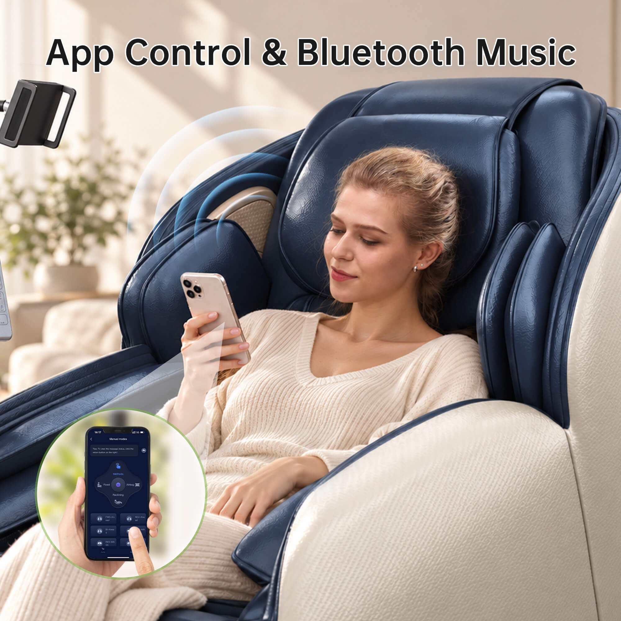 Woman using smartphone app control in a Real Relax Favor-06 2026 blue massage chair, with Bluetooth sound waves illustrated