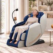 Woman relaxing in a Real Relax Favor-06 2026 blue massage chair in a living room, front three-quarter view