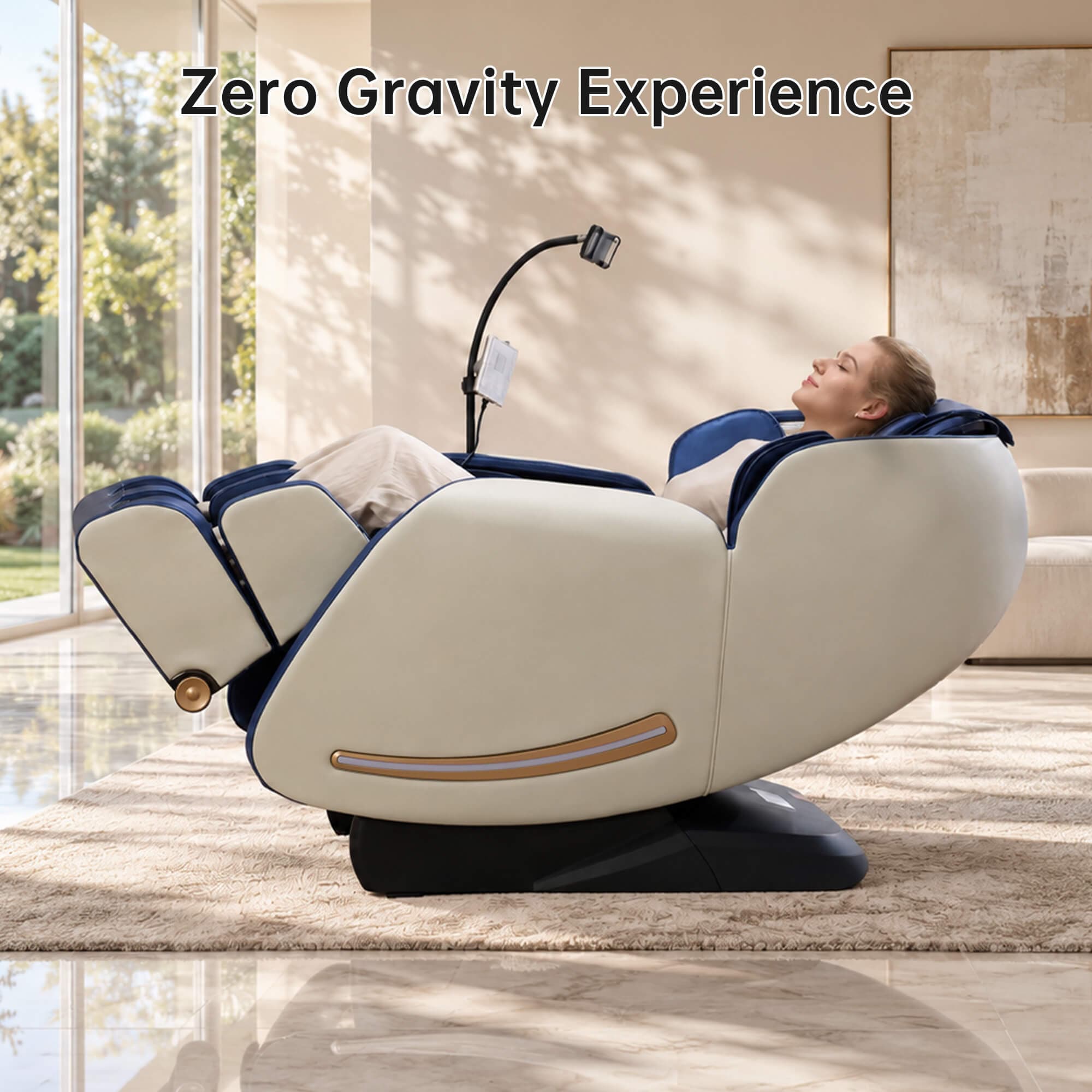 Woman reclining in a Real Relax Favor-06 2026 blue massage chair in zero gravity position, side view with footrest raised