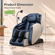 Real Relax Favor-06 2026 blue massage chair dimensions: 28.34 inches wide, 57.48 inches long and 42.12 inches high; recommended height 4.92–6.1 feet