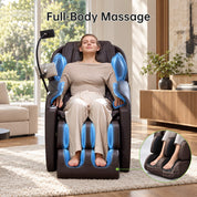 Woman using a Real Relax Favor-06 2026 brown massage chair, with airbag locations highlighted and a foot roller cutaway