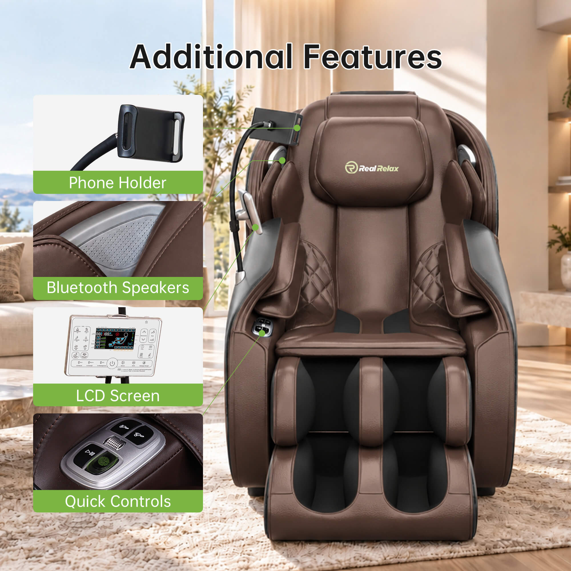 Real Relax Favor-06 2026 brown massage chair with close-ups of the phone holder, Bluetooth speakers, LCD controller and quick controls