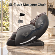 Real Relax Favor-06 2026 brown massage chair, side view with a cutaway illustration of the SL-track and massage rollers