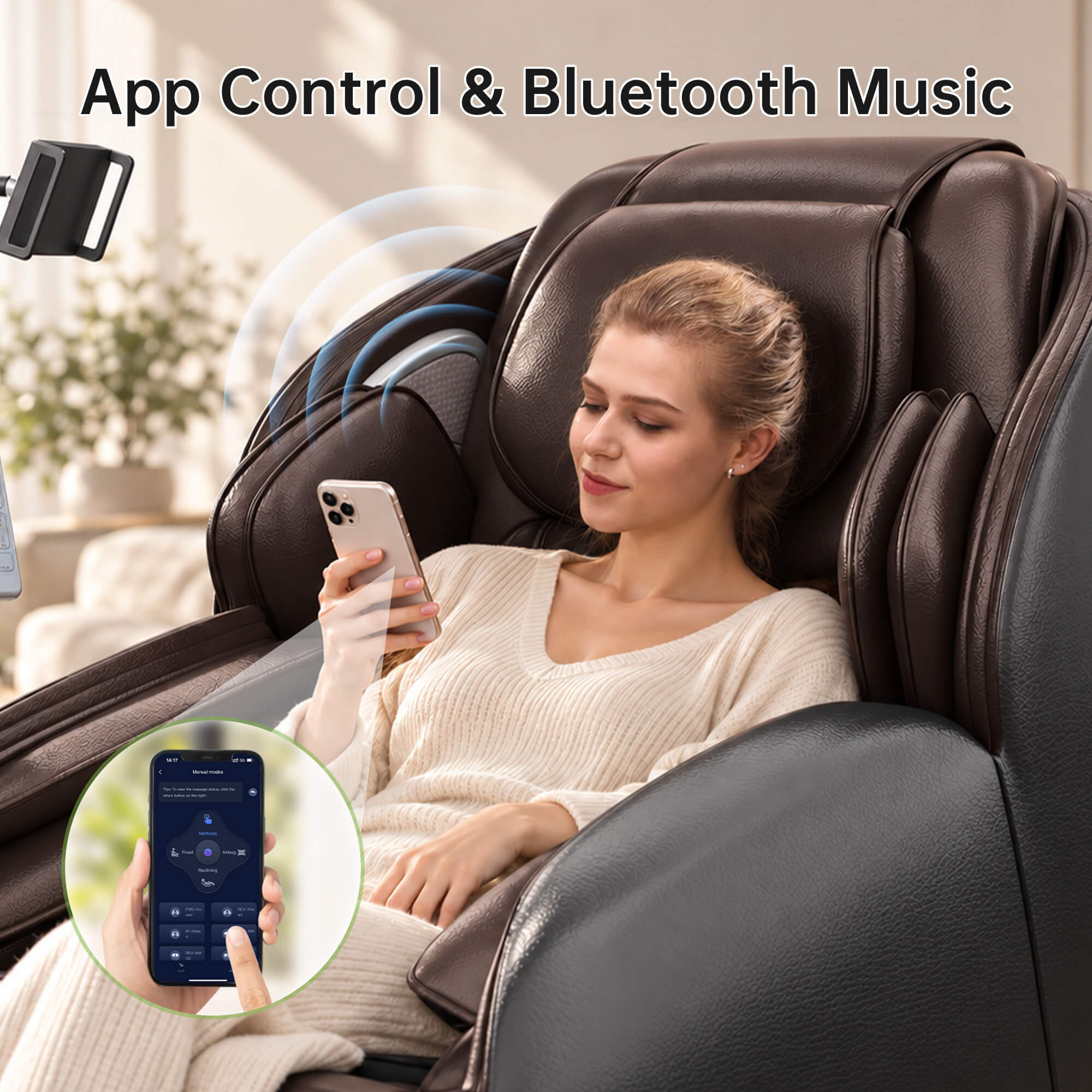 Woman using smartphone app control in a Real Relax Favor-06 2026 brown massage chair, with Bluetooth sound waves illustrated