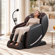 Woman relaxing in a Real Relax Favor-06 2026 brown massage chair in a living room, front three-quarter view