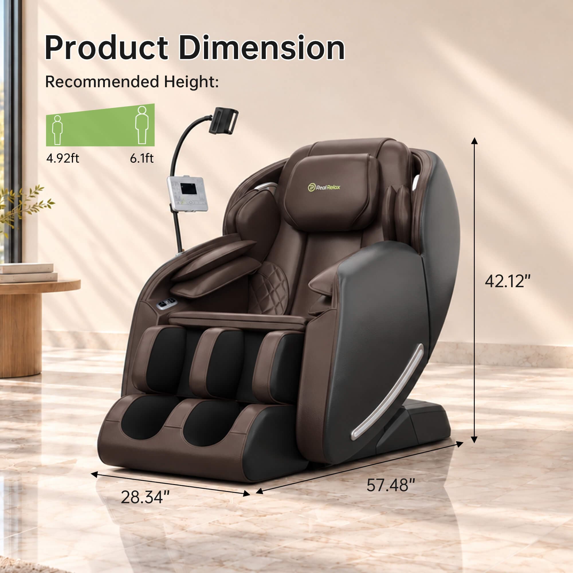 Real Relax Favor-06 2026 brown massage chair dimensions: 28.34 inches wide, 57.48 inches long and 42.12 inches high; recommended height 4.92–6.1 feet