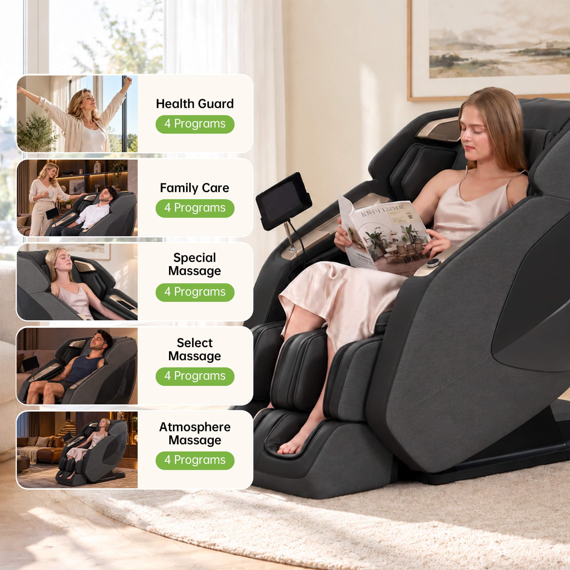Woman reading in a Real Relax massage chair beside five massage program categories, each offering four programs.