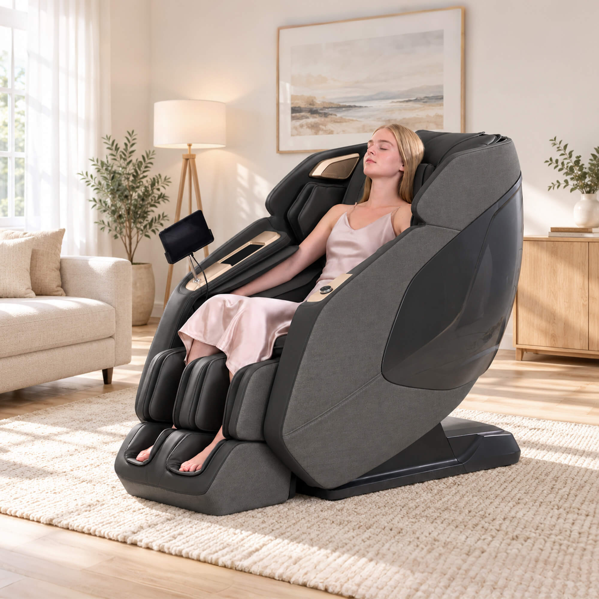 Woman relaxing in a charcoal PS5200 massage chair in a sunlit living room.
