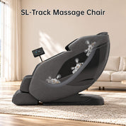 Side view of a Real Relax massage chair illustrating roller movement along the curved SL-track from the neck to under the seat.