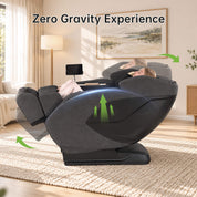 Woman reclining in a Real Relax massage chair, with arrows illustrating the zero gravity position and raised footrest.