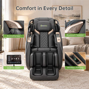 Real Relax massage chair with close-ups of aromatherapy, Bluetooth speakers, LCD screen and wireless phone charging.