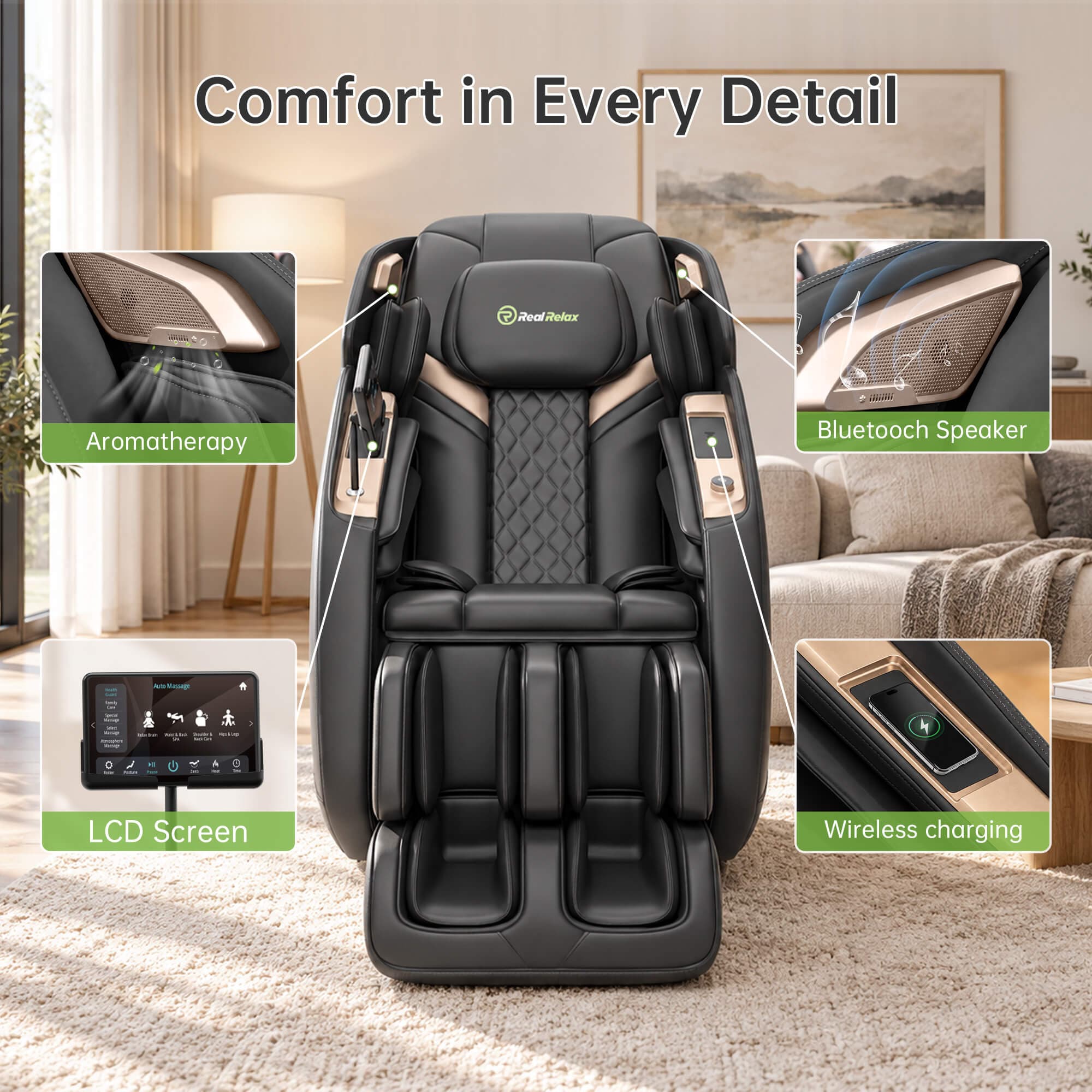Real Relax massage chair with close-ups of aromatherapy, Bluetooth speakers, LCD screen and wireless phone charging.