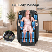 Woman using a Real Relax massage chair with shoulder, arm, hip, calf and foot airbag zones highlighted, plus a foot roller close-up.