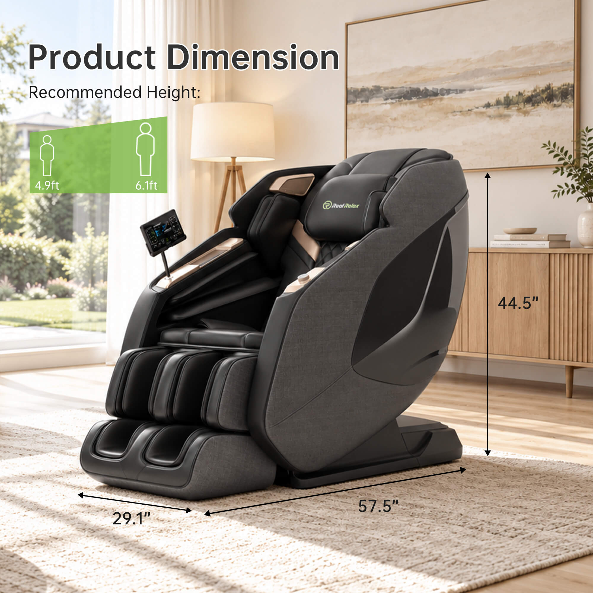 Real Relax PS5200 massage chair dimensions: 29.1 inches wide, 57.5 inches long and 44.5 inches high; recommended user height 4.92–6.1 feet.