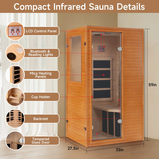 Real Relax Sports&Fitness Home Sauna Infrared Sauna for Home, 1 Person Low EMF Wood Indoor Saunas Spa at Home with 950W 10min Warm-up, Bluetooth, Easy LCD Panel, Backrest