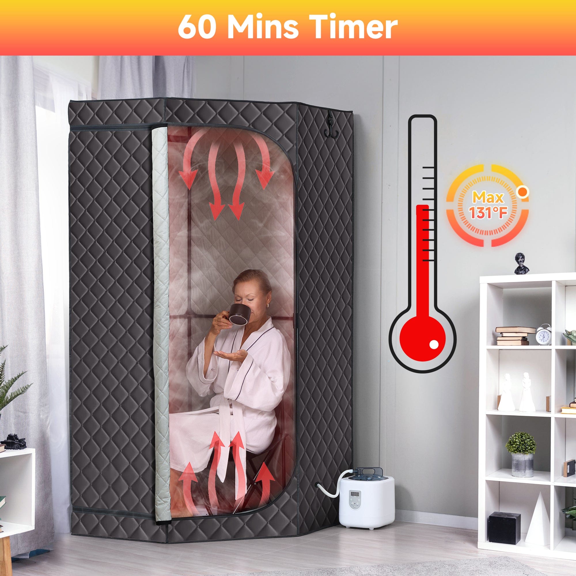 Real Relax Sports&Fitness Real Relax Sauna Box Portable Sauna for Home, 6.2ft Full Body Home Steam Sauna, Spacious Pentagon Steam Room Home Spa with 3.6L 1600W Steamer Sauna, Grey